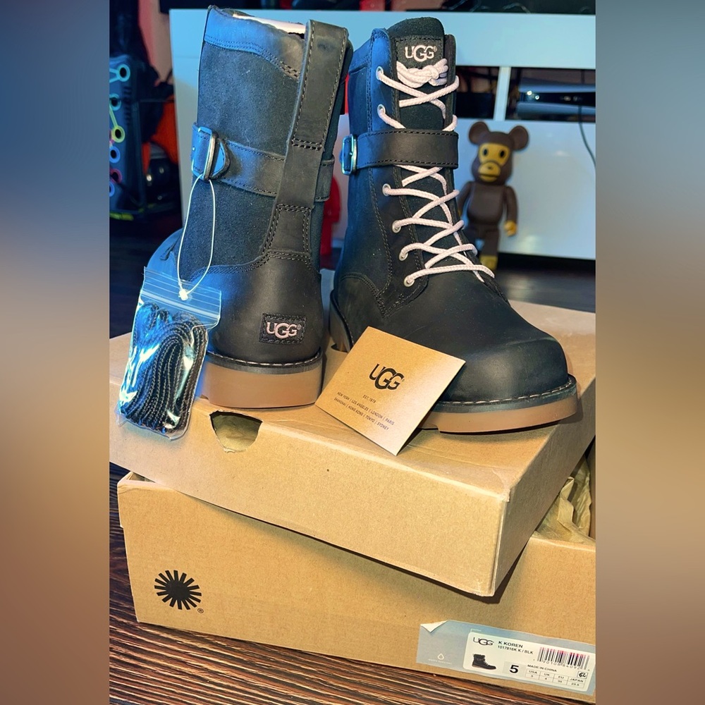 UGG K KOREN Black Leather Boots US Size 5 UK 4 EU 35 #1017816K